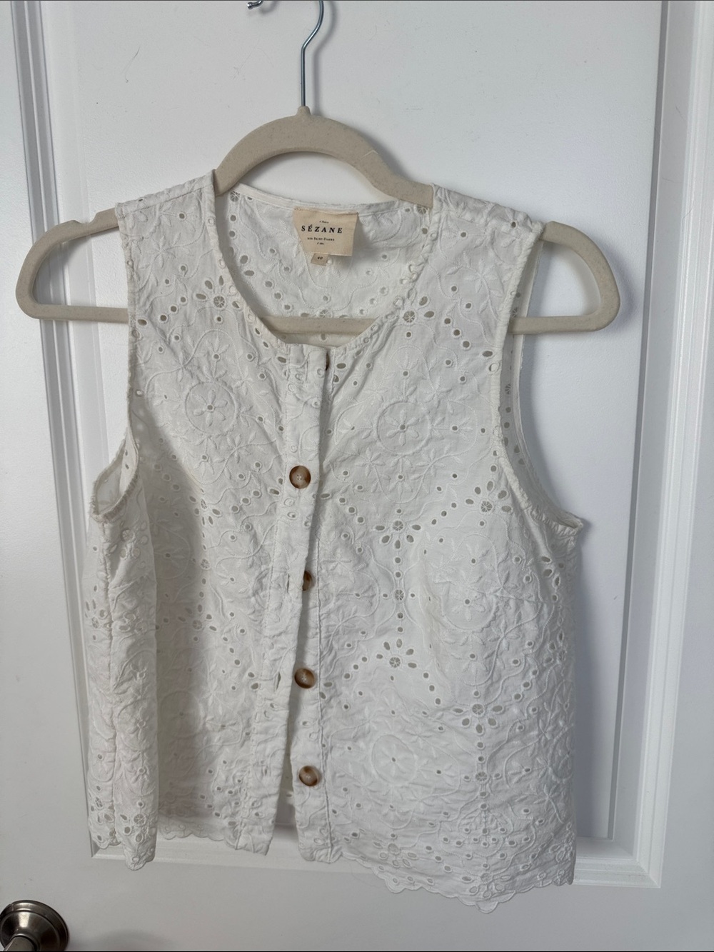 Sezane White Eyelet Button-Front Sleeveless Shell